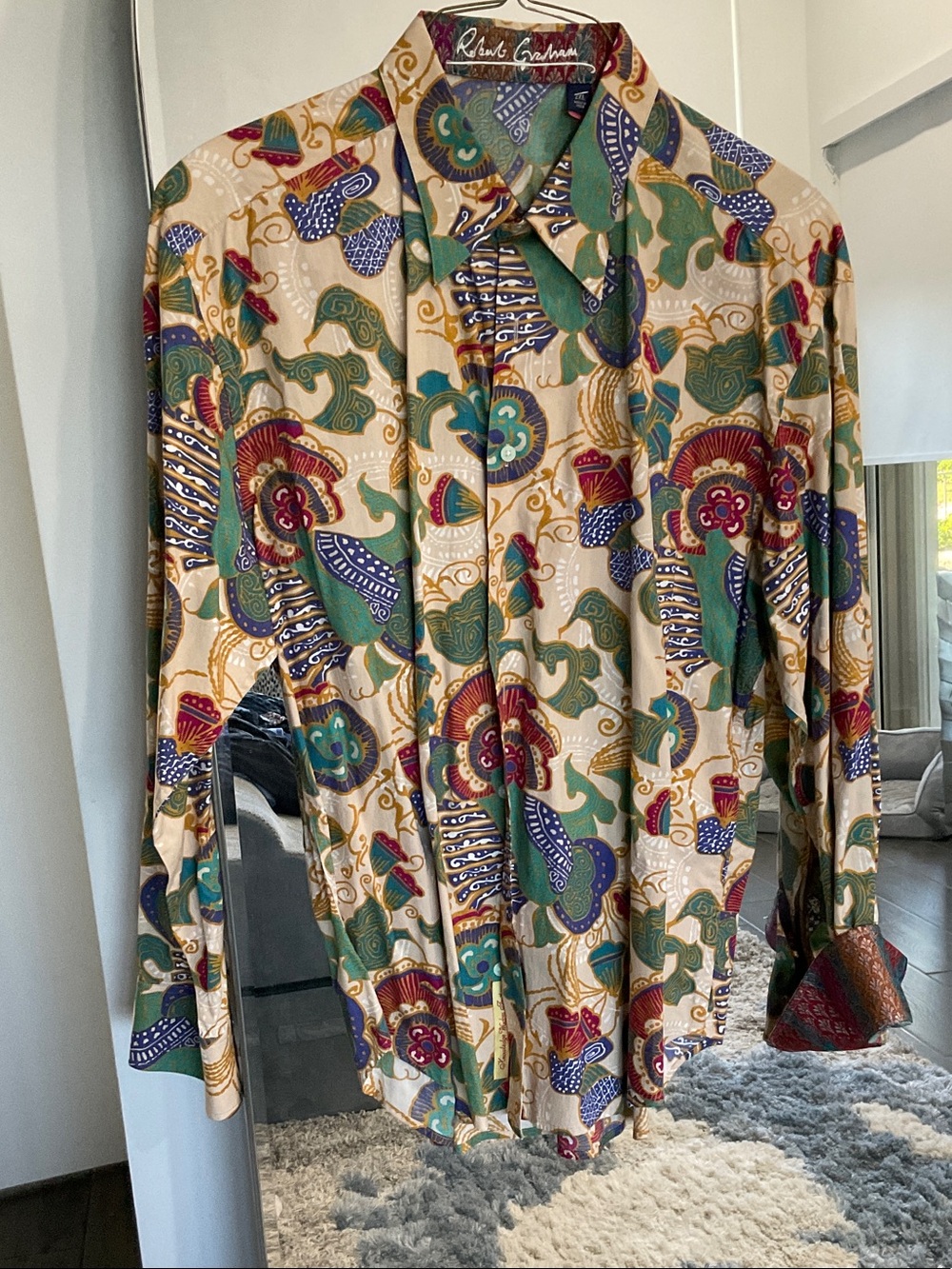 Robert Graham Beige Shirt with Green, Red, Blue & Gold Paisley Print